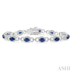 1 3/4 Ctw Round Cut Diamond & 6x4 MM Oval Cut Sapphire Precious Bracelet in 14K White Gold