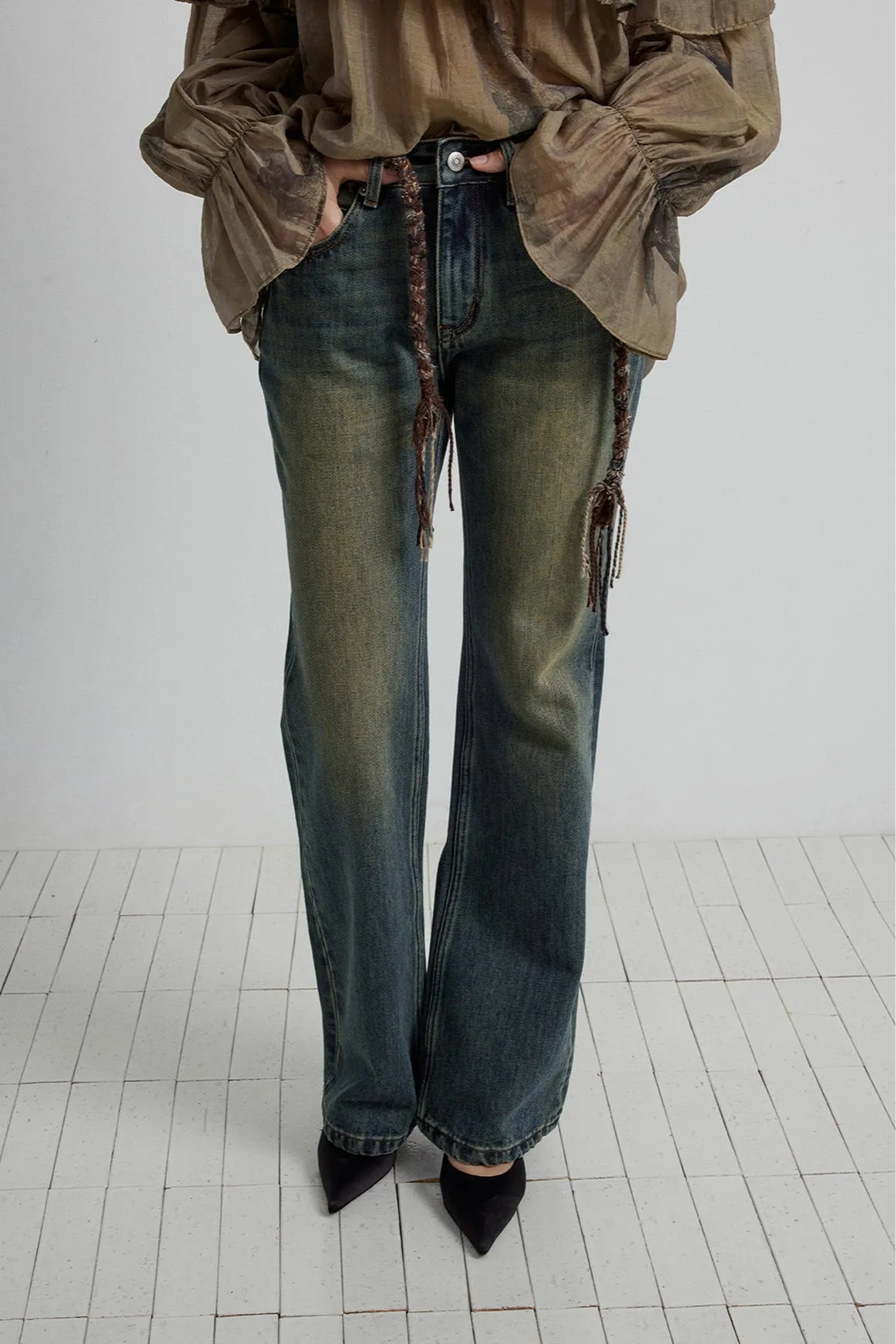 100% cotton washed vintage style jeans