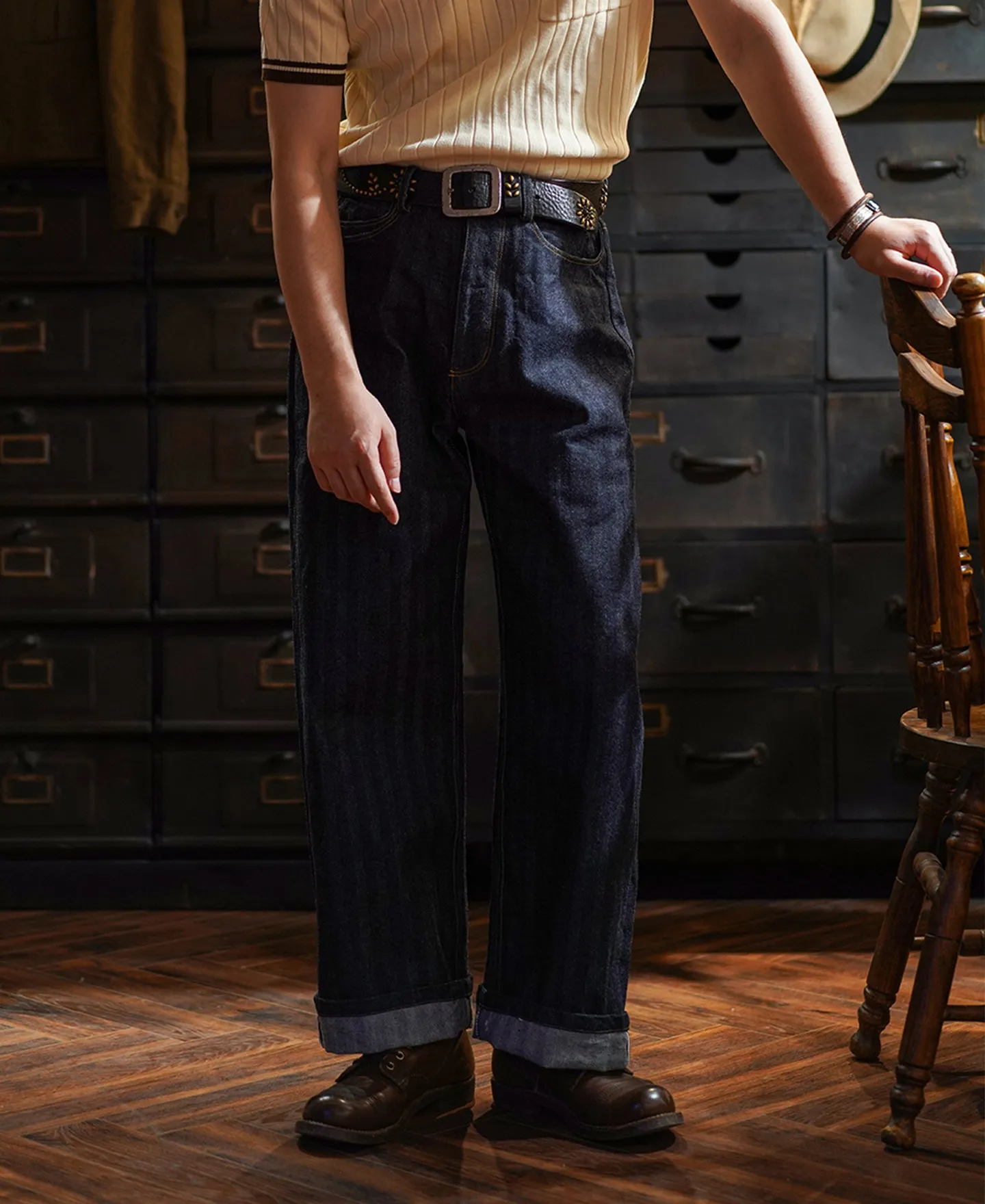 Mens 15 oz Herringbone Selvedge Denim Work Jeans, Vintage 1870s Style