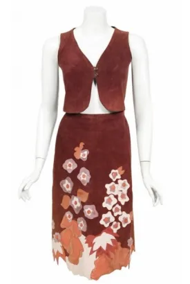 1970's Eavis & Brown Patchwork Leather Floral Applique Bohemian Skirt set