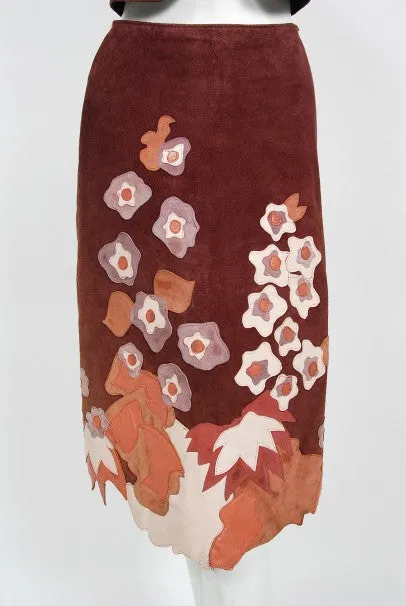 1970's Eavis & Brown Patchwork Leather Floral Applique Bohemian Skirt set