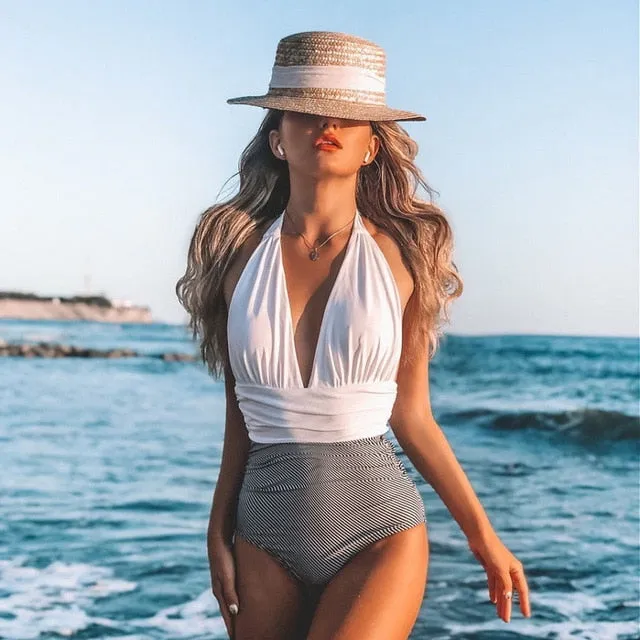 2021 Diseyar Summer Women's One piece Swimsuit Strap Halter Retro Bodysuit Sizes S -XL