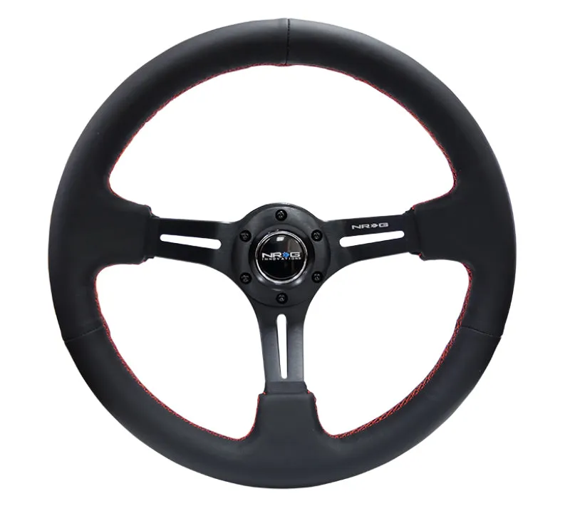 (350mm / 3in. Deep) Black Leather/Red Stitch & Blk 3-Spoke w/Slits
