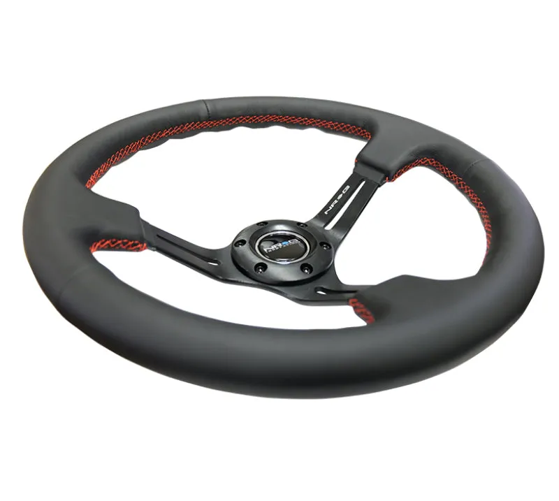 (350mm / 3in. Deep) Black Leather/Red Stitch & Blk 3-Spoke w/Slits