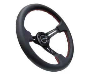 (350mm / 3in. Deep) Black Leather/Red Stitch & Blk 3-Spoke w/Slits