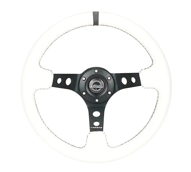 (350mm/3in. Deep) White Leather w/Blk Spoke/Round Holes/White Stripes