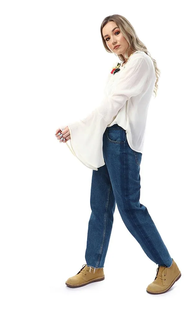 47526 Stitched Flowers Bell Sleeves Off White Blouse