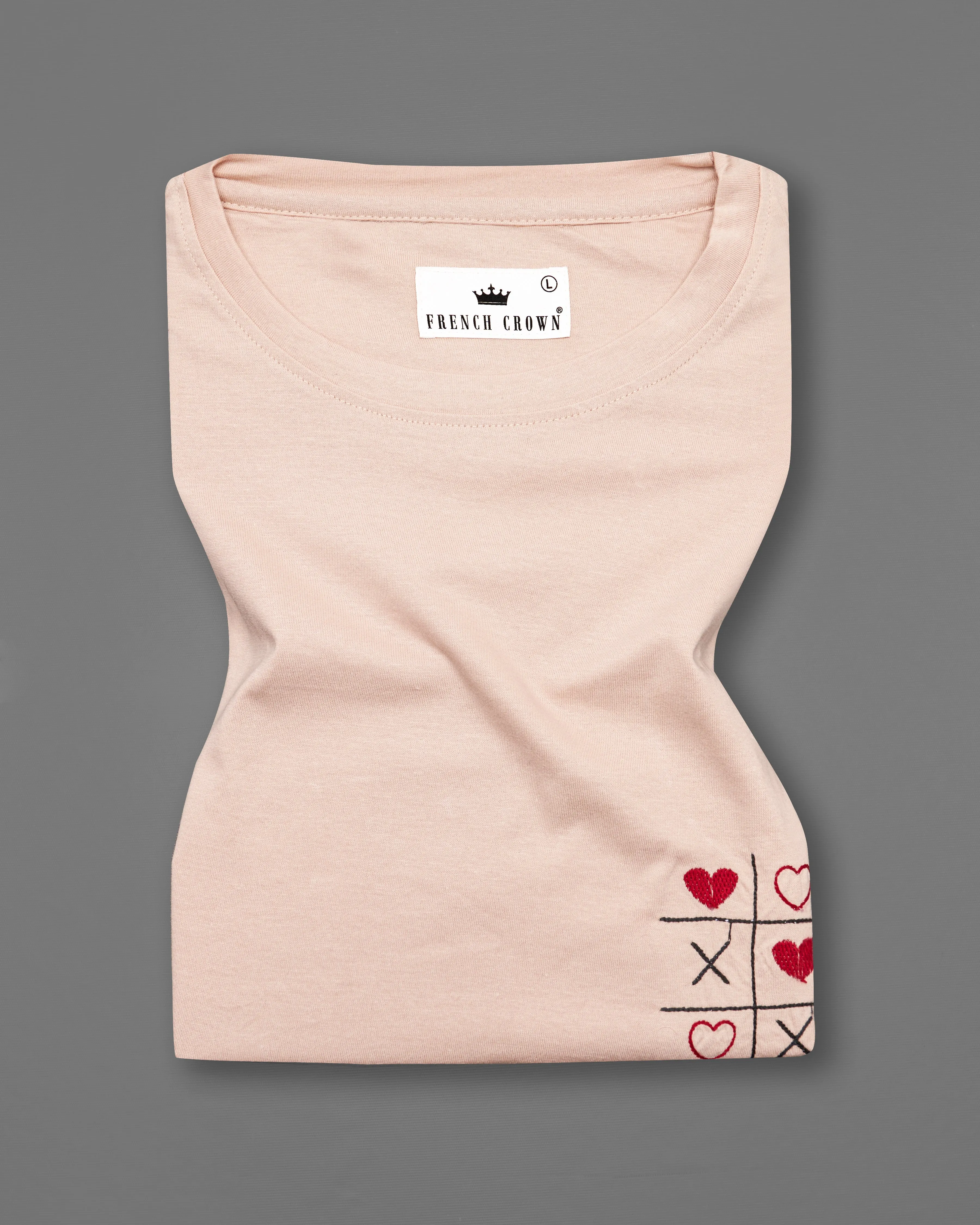Almond Cream with Tic Tac Toe Embroidered Work Premium Cotton T-shirt