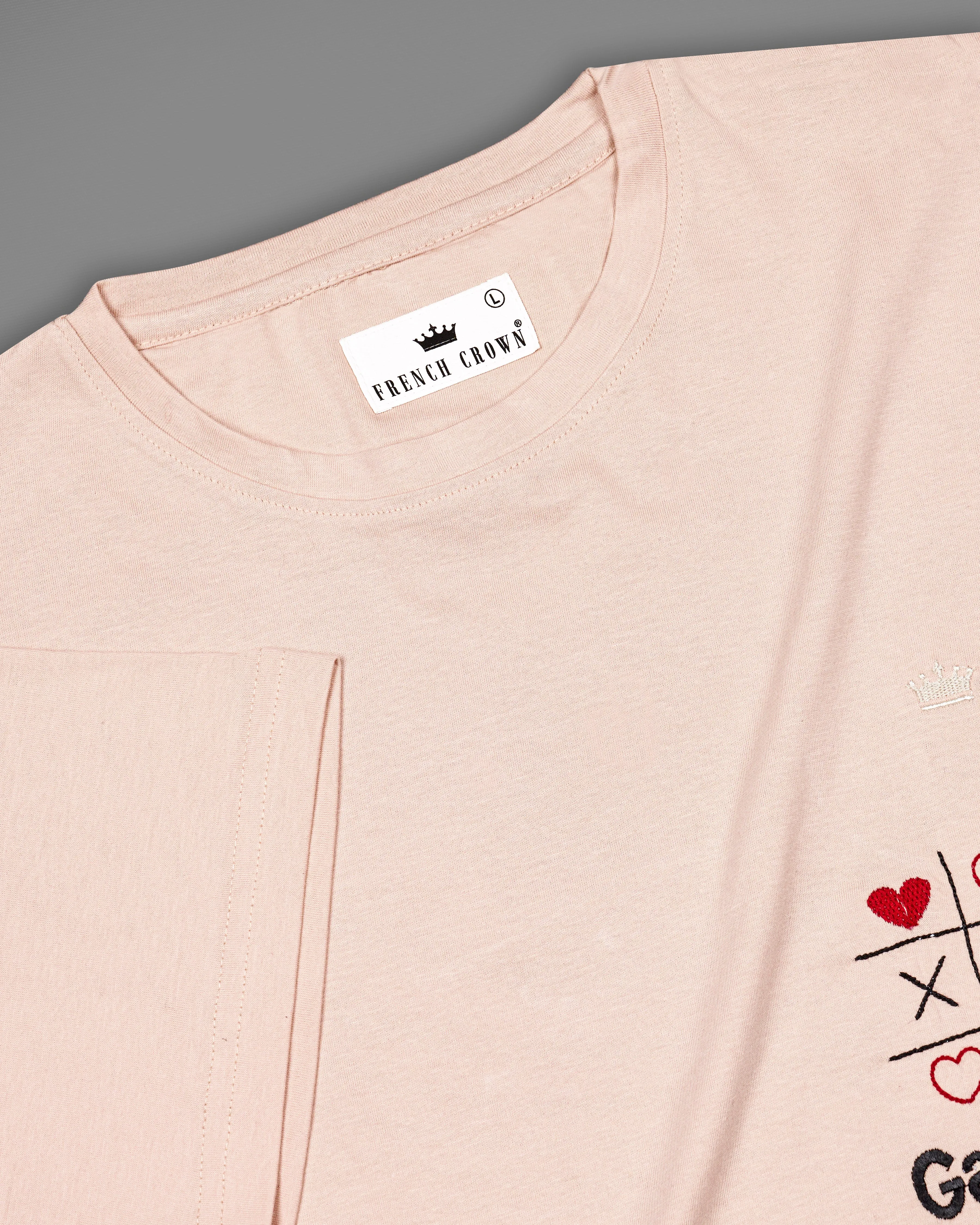 Almond Cream with Tic Tac Toe Embroidered Work Premium Cotton T-shirt