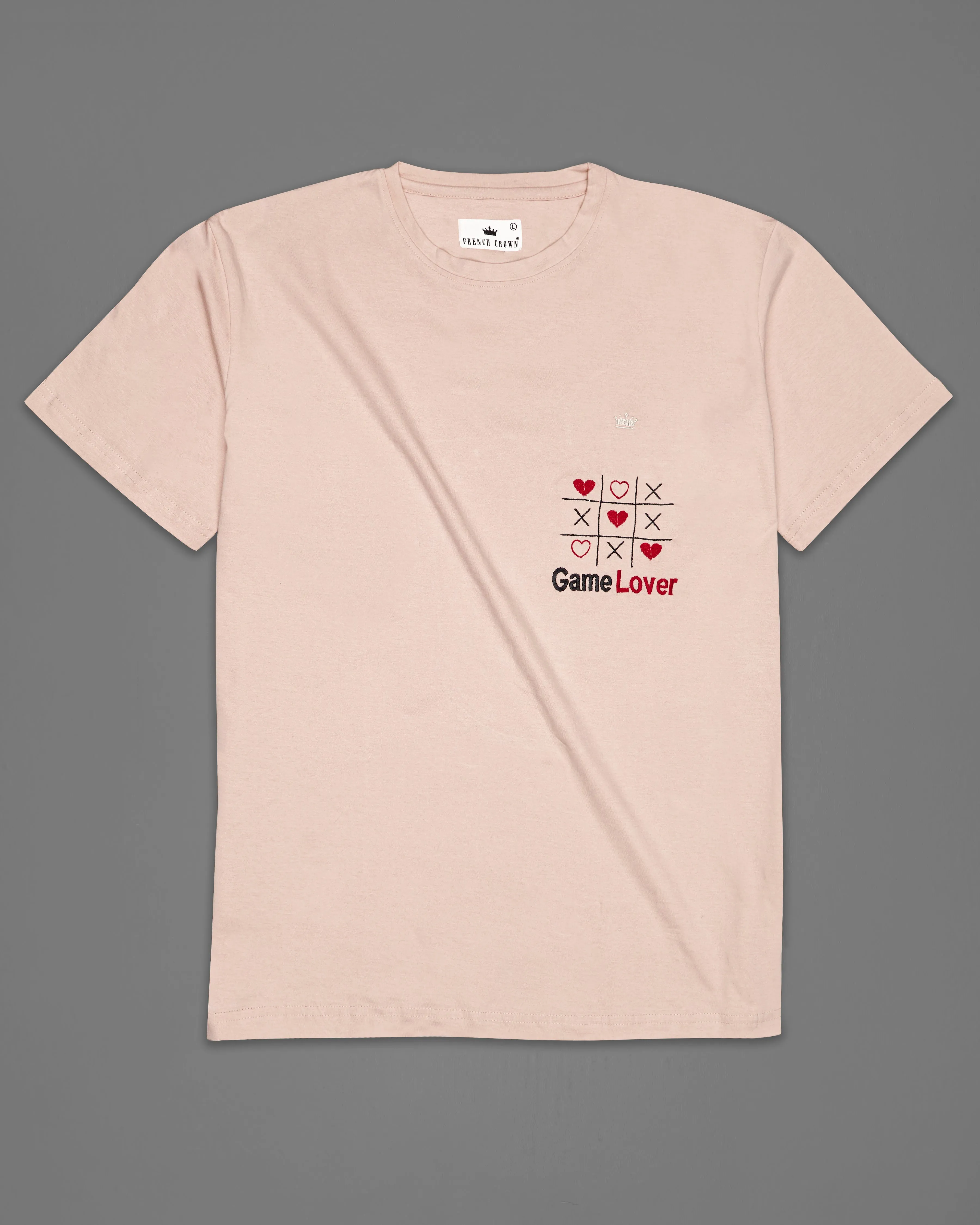 Almond Cream with Tic Tac Toe Embroidered Work Premium Cotton T-shirt