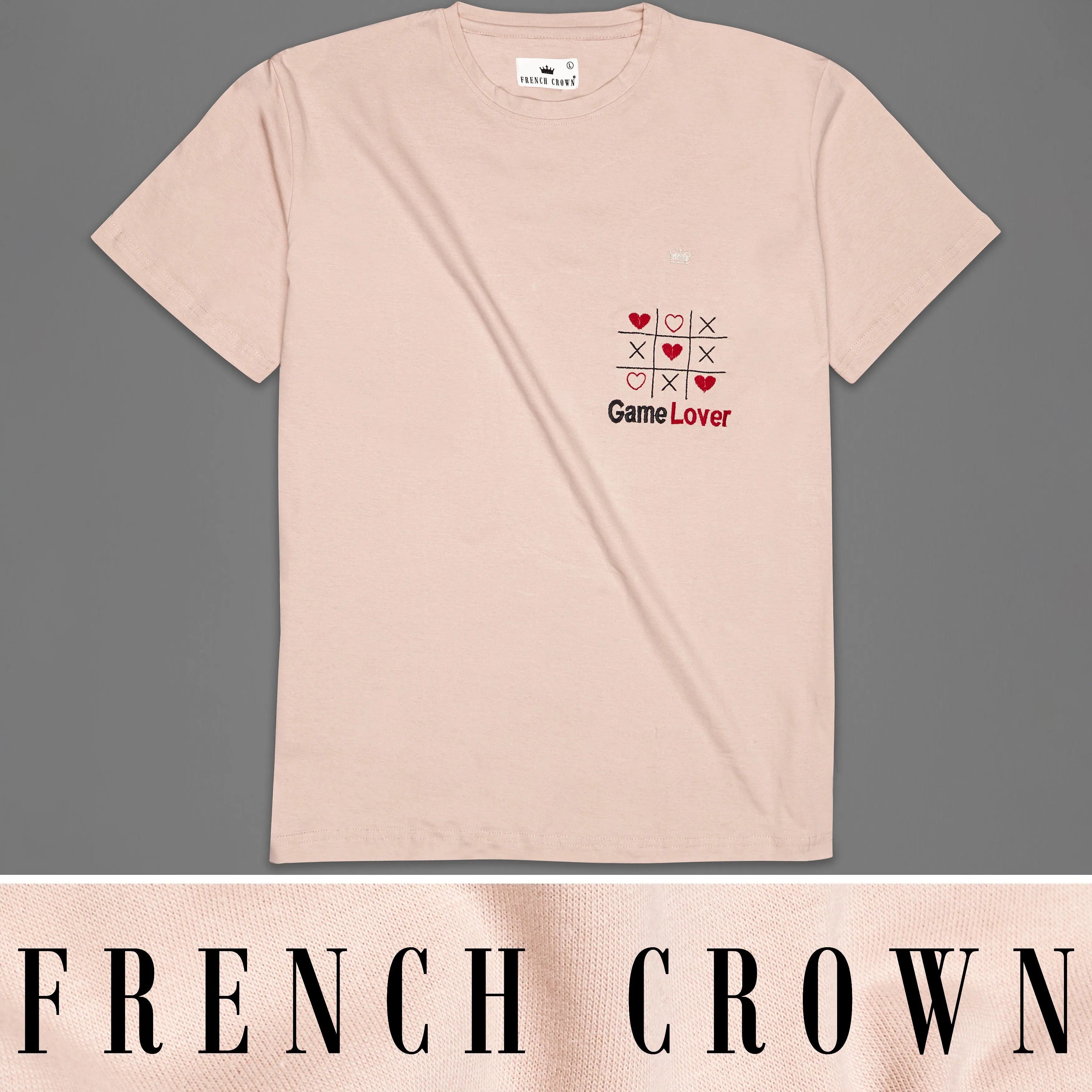 Almond Cream with Tic Tac Toe Embroidered Work Premium Cotton T-shirt