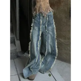 Amozae-Rugged Striped High Street Trendy Washed Do Old Patchwork Jeans for Women American Retro Oversized Loose Wide Leg Mop Pants