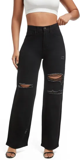 Aodrusa Ripped Wide Leg Jeans for Women Mom Baggy Straight Leg Stretchy Boyfriend Trendy Trouser Denim Pants