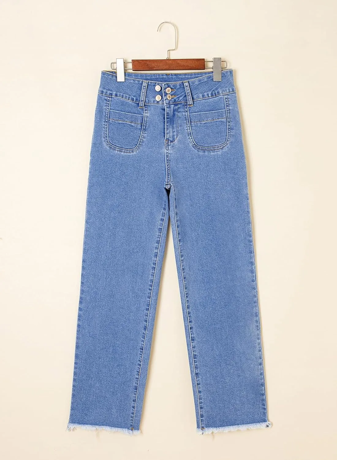 Astylish Womens Wide Leg Jeans High Waisted Double Button Stretchy Frayed Hem Straight Jean Loose Trendy Denim Pants