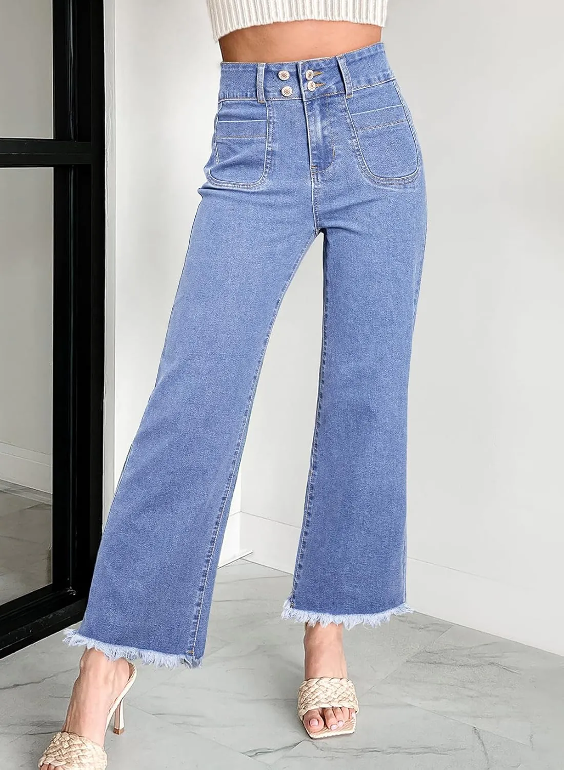 Astylish Womens Wide Leg Jeans High Waisted Double Button Stretchy Frayed Hem Straight Jean Loose Trendy Denim Pants