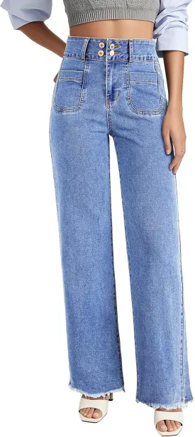 Astylish Womens Wide Leg Jeans High Waisted Double Button Stretchy Frayed Hem Straight Jean Loose Trendy Denim Pants