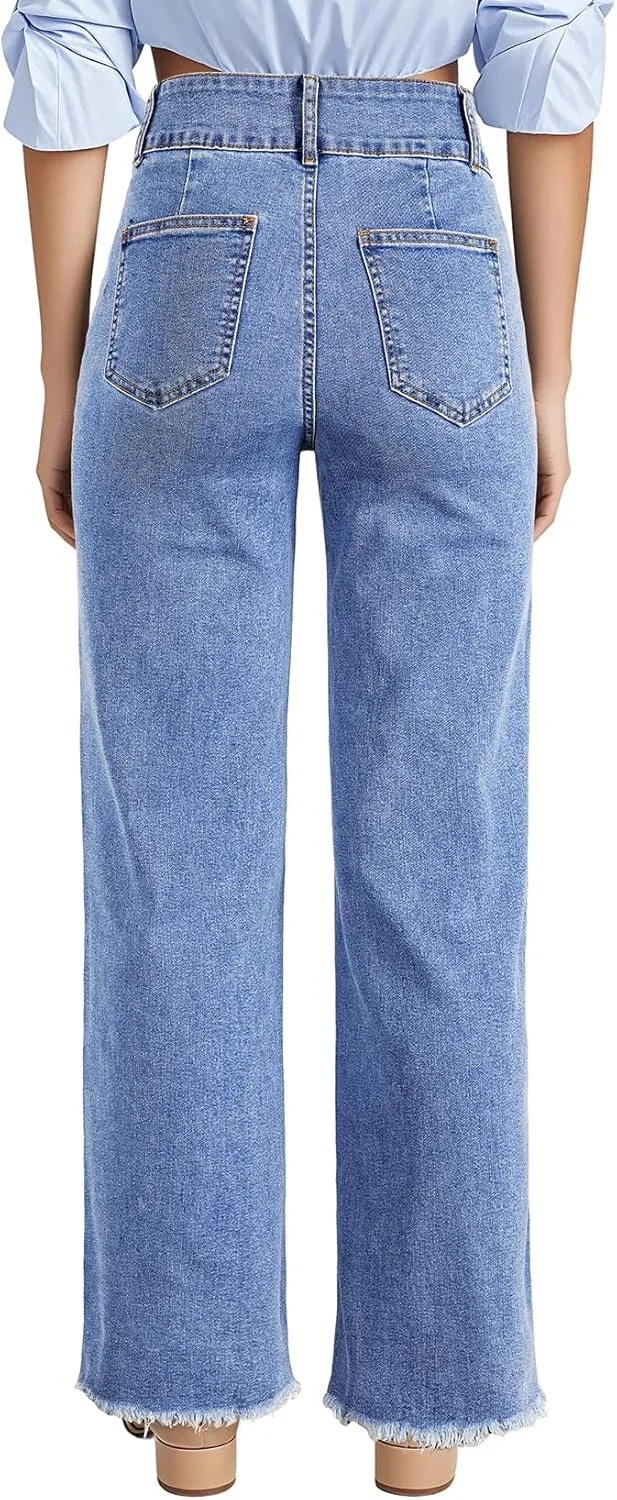 Astylish Womens Wide Leg Jeans High Waisted Double Button Stretchy Frayed Hem Straight Jean Loose Trendy Denim Pants