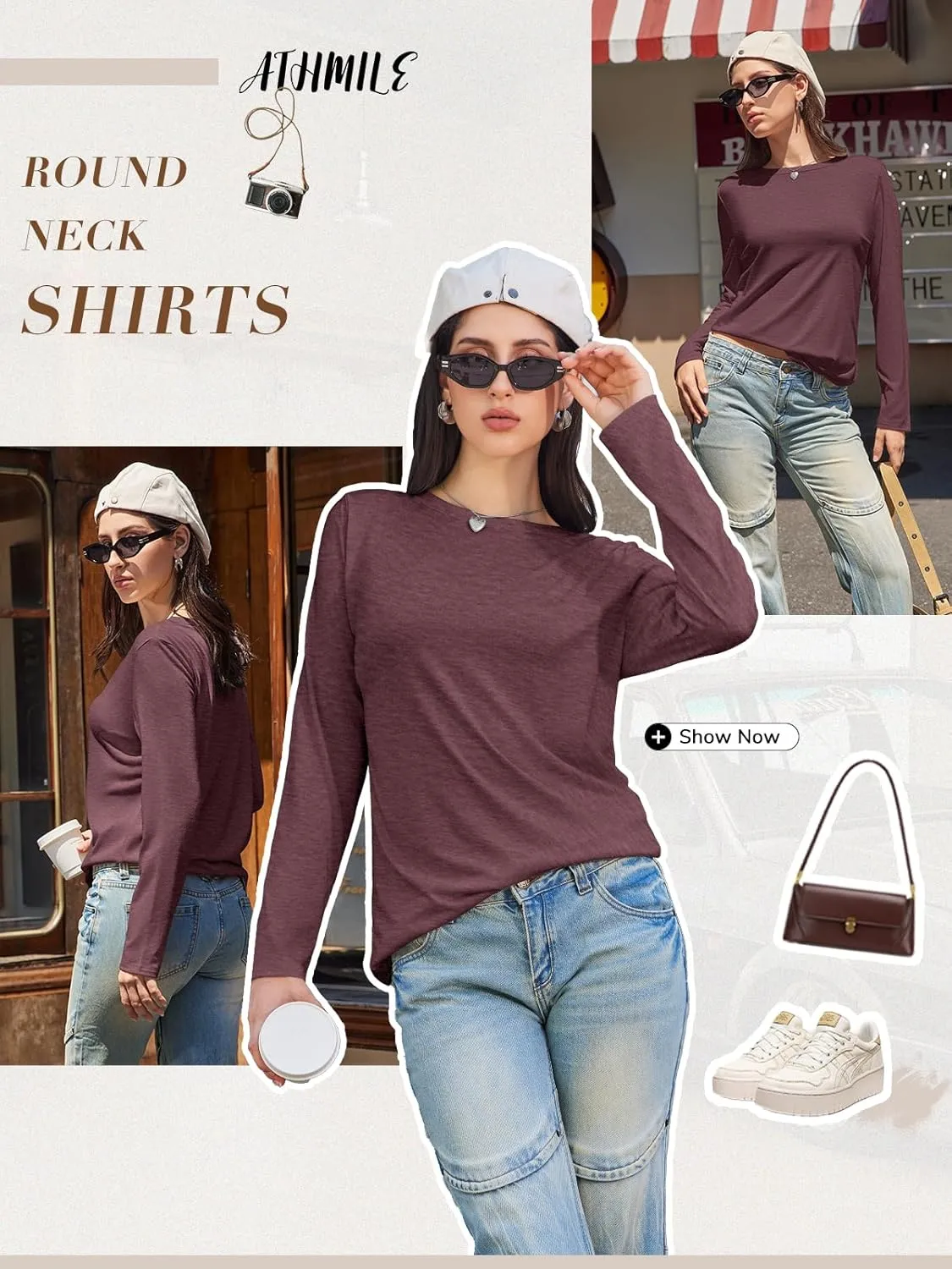 ATHMILE Womens Long Sleeve Shirts Basic Tee Fall Trendy Spring Top Business Casual Beach Vacation Workout 2025 Fashion