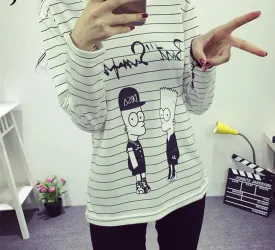 Autumn Spring Creative Lovely Cartoon Printed T-shirts for Women Full Sleeve Simple Loose Top Stripe White T-shirt Female XL-XXL