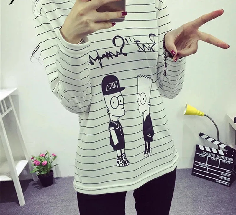Autumn Spring Creative Lovely Cartoon Printed T-shirts for Women Full Sleeve Simple Loose Top Stripe White T-shirt Female XL-XXL