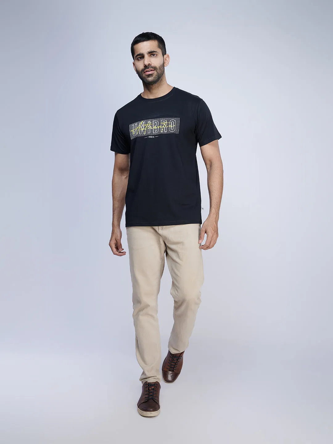 Black Graphic Printed Round Neck Casual T-Shirt GT38