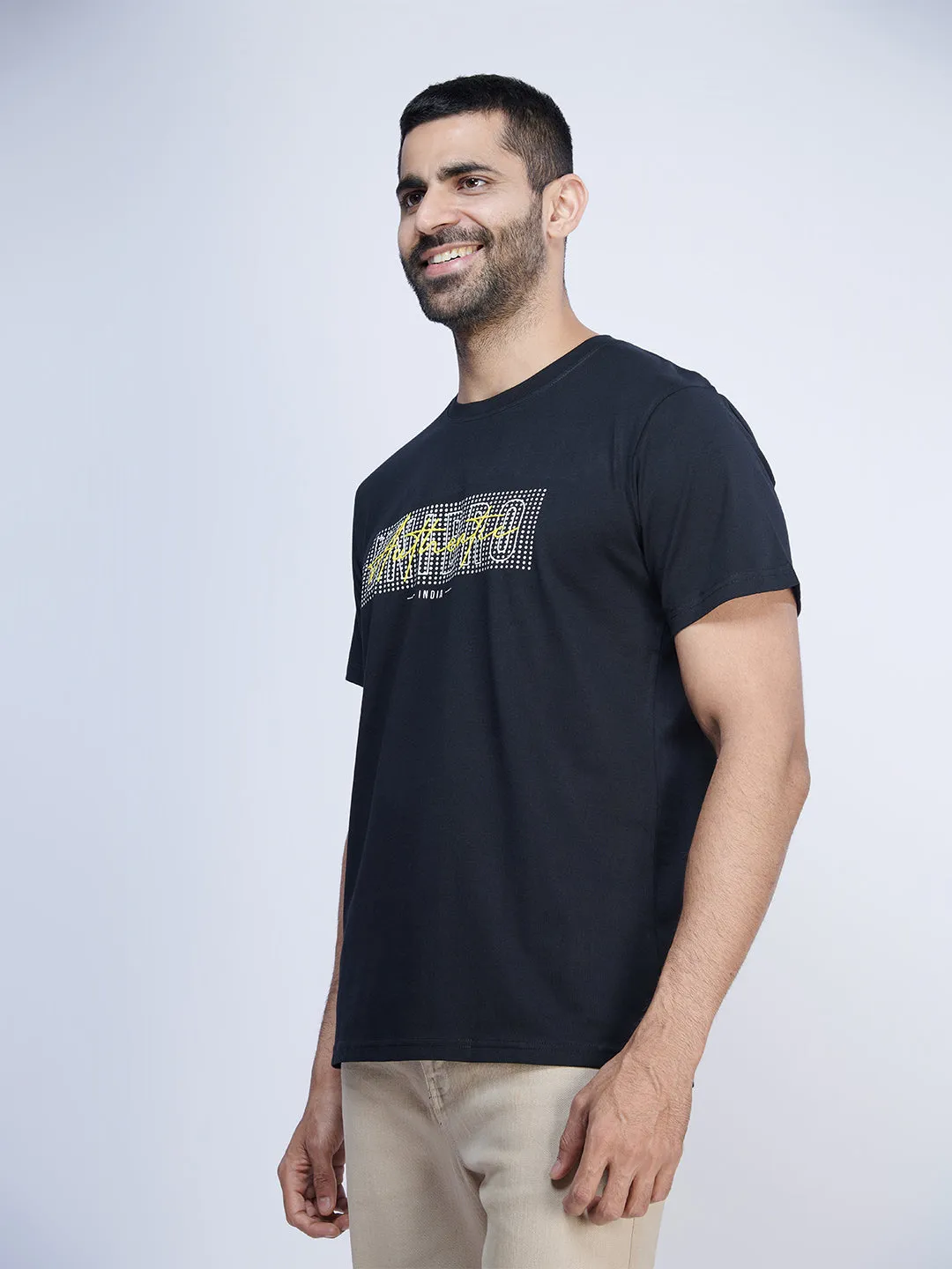 Black Graphic Printed Round Neck Casual T-Shirt GT38