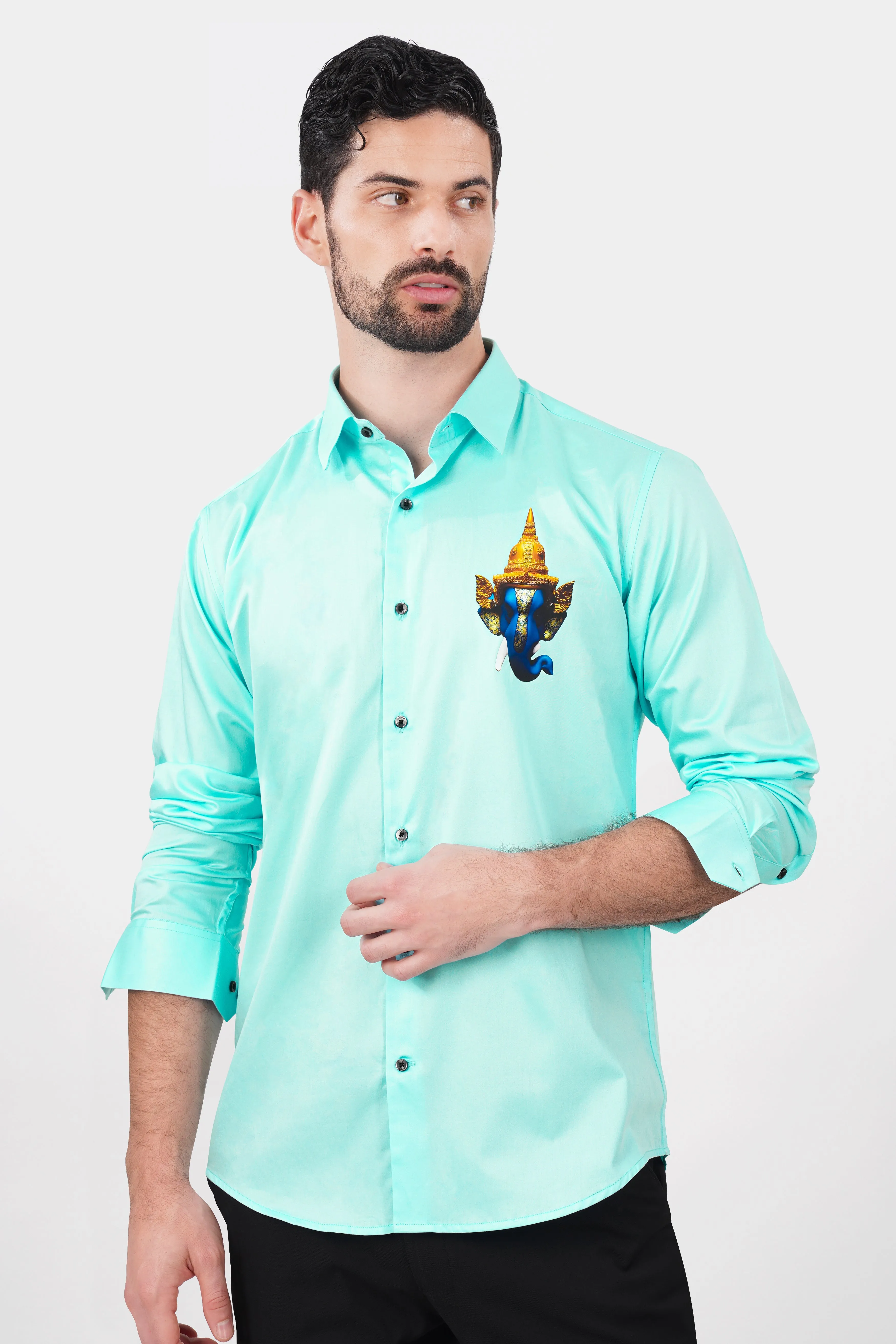 Blizzard Blue Lord Ganesha Printed Subtle Sheen Super Soft Premium Cotton Designer Shirt