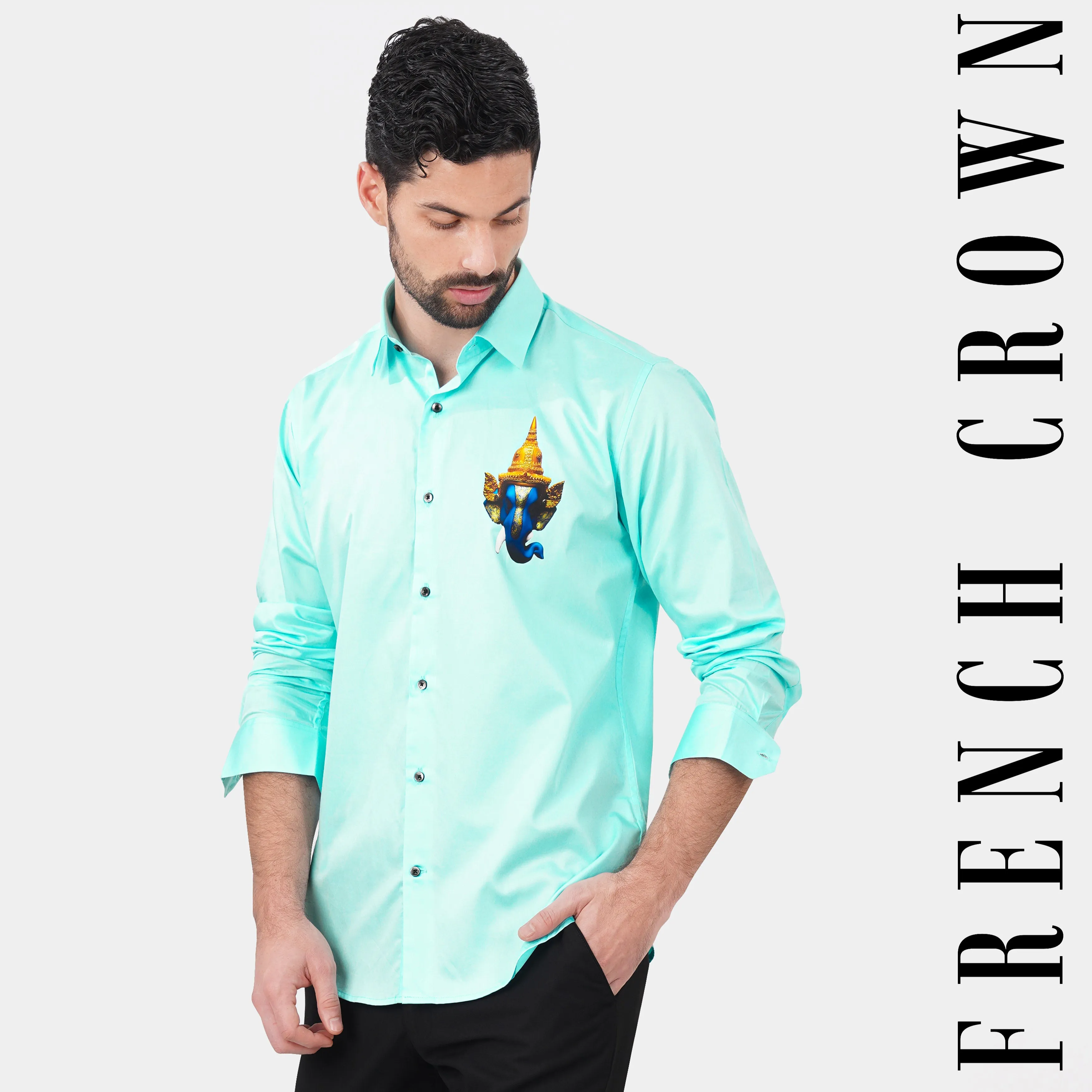 Blizzard Blue Lord Ganesha Printed Subtle Sheen Super Soft Premium Cotton Designer Shirt