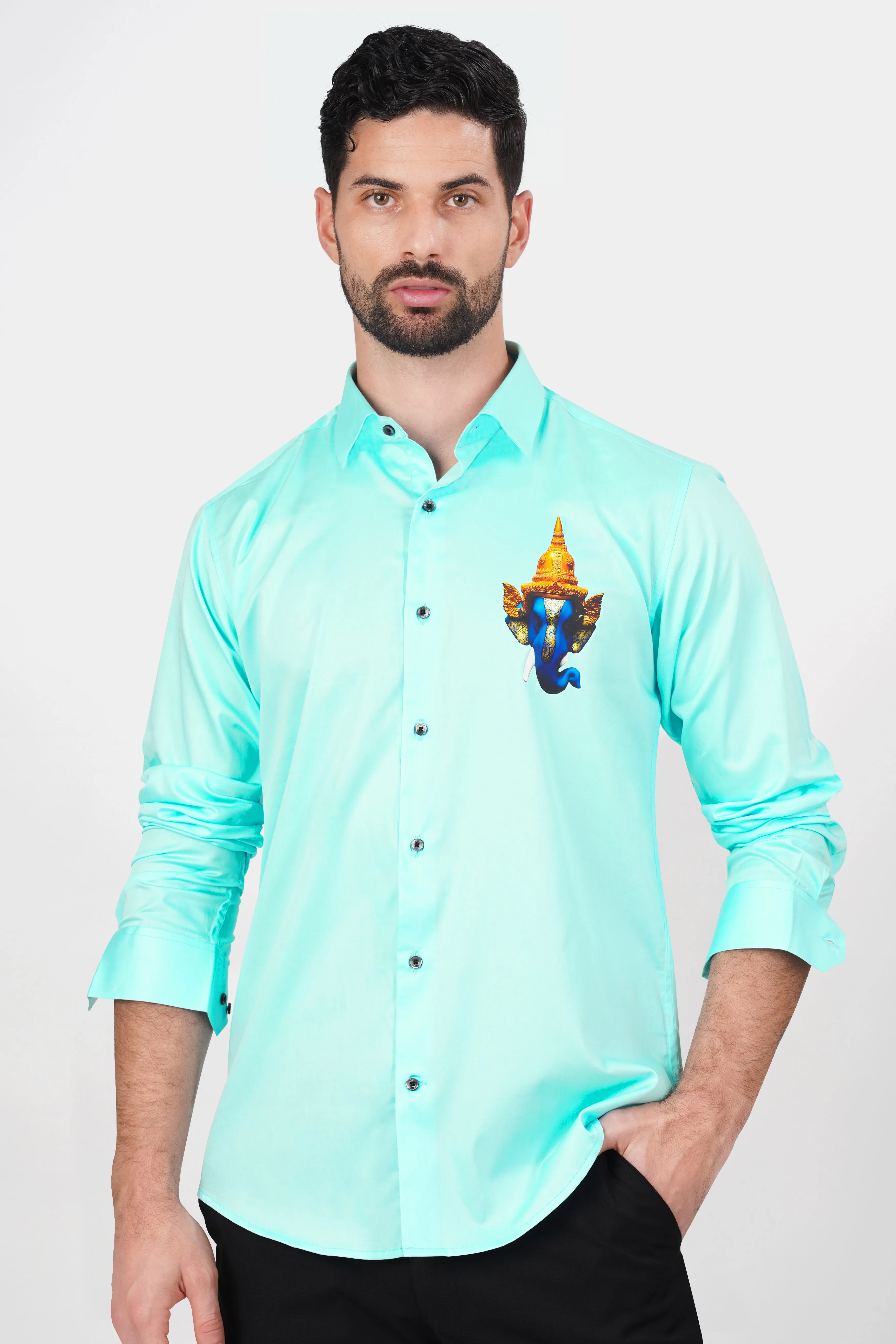 Blizzard Blue Lord Ganesha Printed Subtle Sheen Super Soft Premium Cotton Designer Shirt