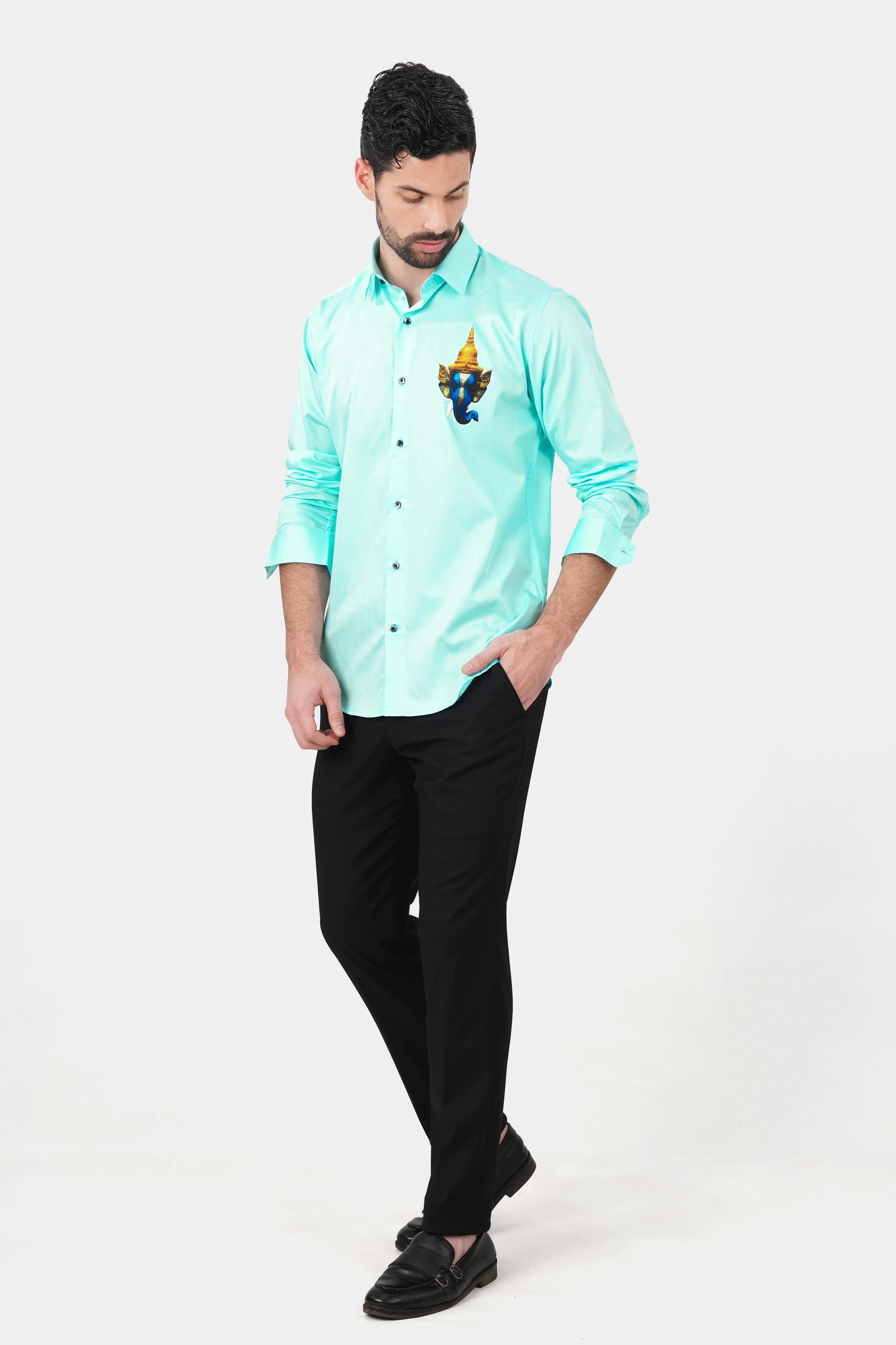 Blizzard Blue Lord Ganesha Printed Subtle Sheen Super Soft Premium Cotton Designer Shirt