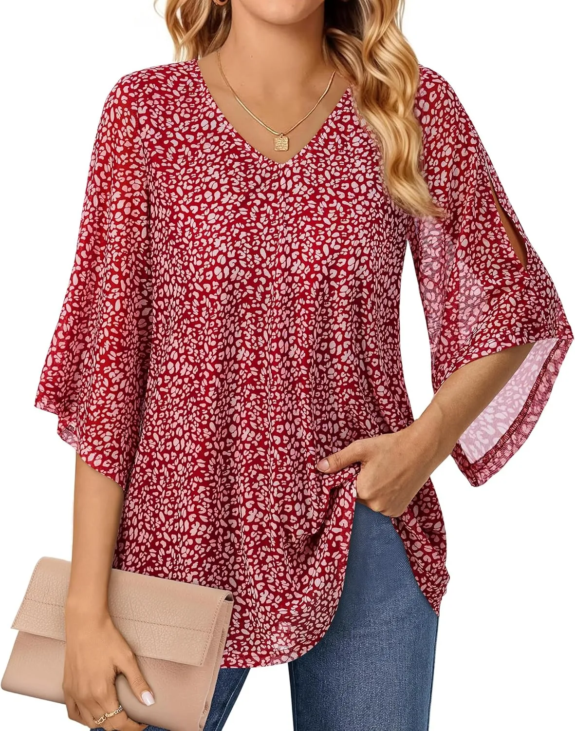 Blouse for Women Dressy Casual Summer Chiffon 3/4 Sleeve Tops Business Work Shirts Double Layered Tunic Evening Party
