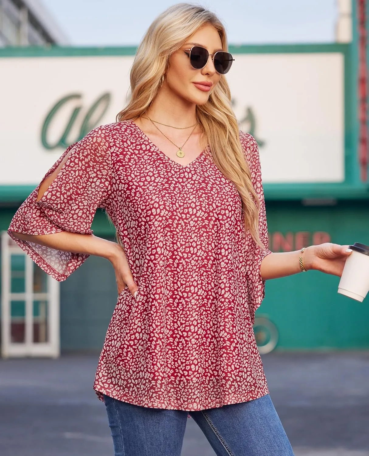 Blouse for Women Dressy Casual Summer Chiffon 3/4 Sleeve Tops Business Work Shirts Double Layered Tunic Evening Party