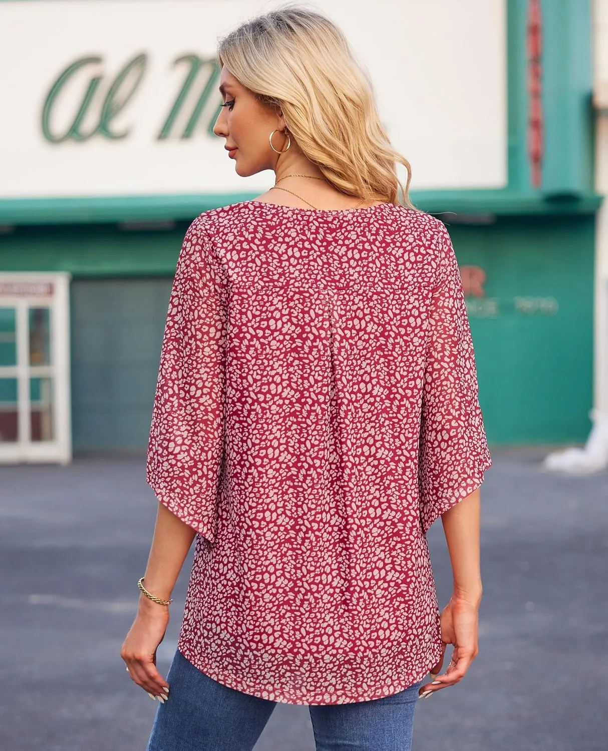 Blouse for Women Dressy Casual Summer Chiffon 3/4 Sleeve Tops Business Work Shirts Double Layered Tunic Evening Party
