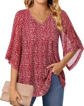 Blouse for Women Dressy Casual Summer Chiffon 3/4 Sleeve Tops Business Work Shirts Double Layered Tunic Evening Party