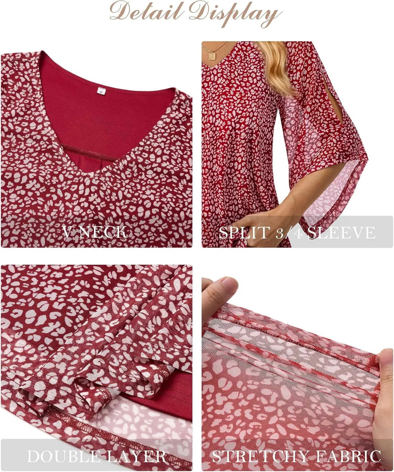 Blouse for Women Dressy Casual Summer Chiffon 3/4 Sleeve Tops Business Work Shirts Double Layered Tunic Evening Party