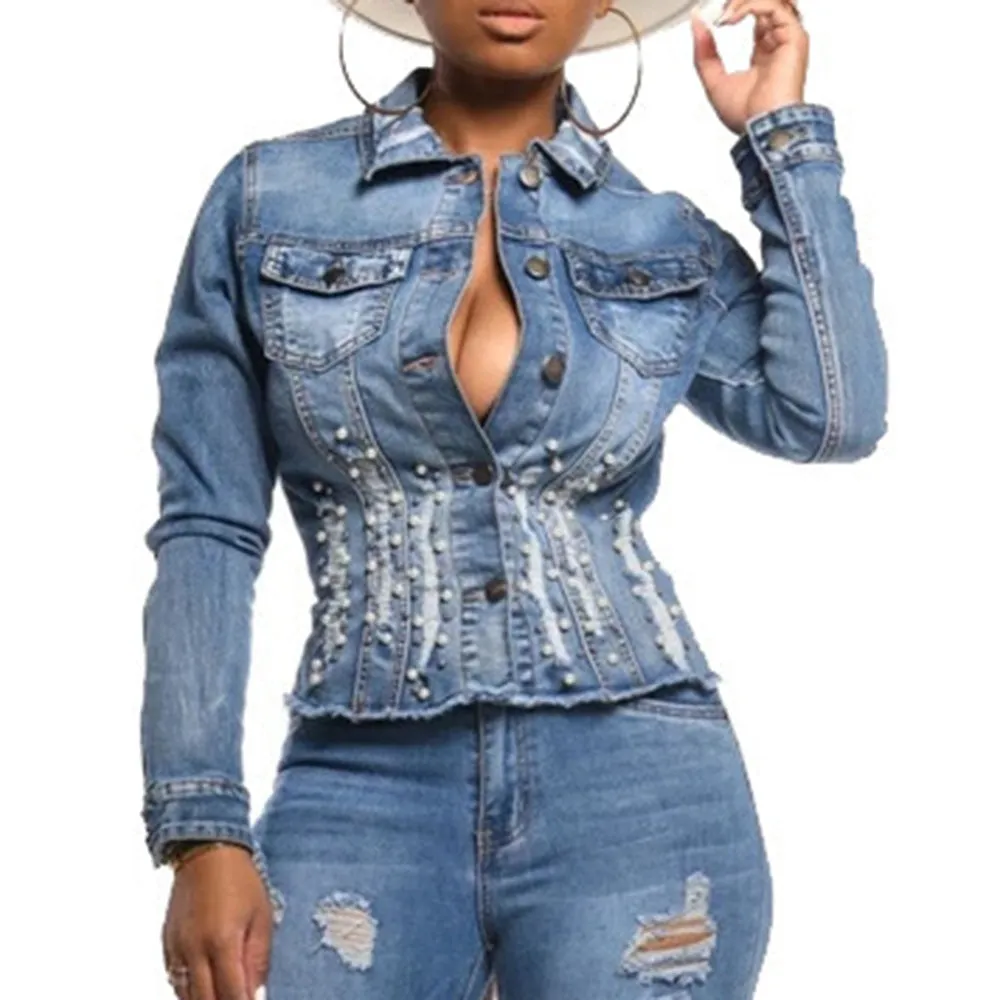 Blue Beaded Distressed Denim Jacket