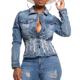 Blue Beaded Distressed Denim Jacket
