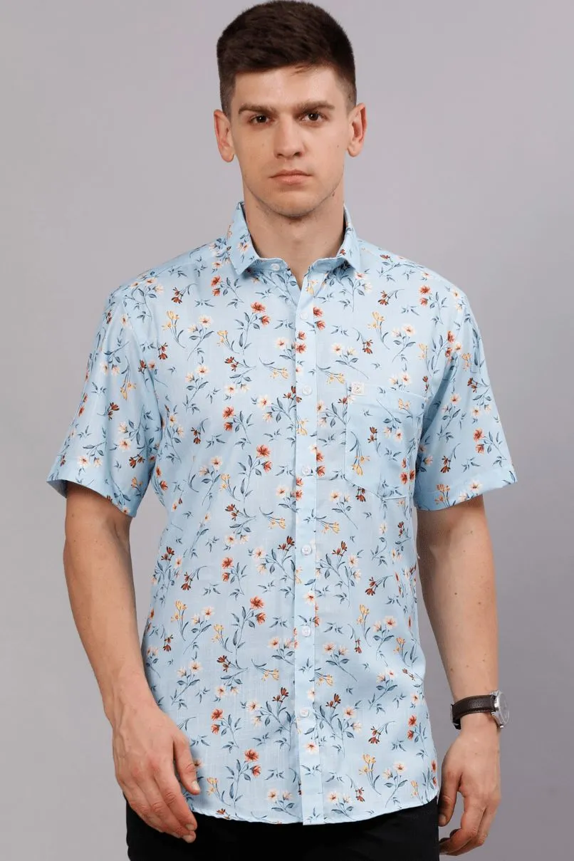 Blue Flower Print - Half Sleeve - Stain Proof