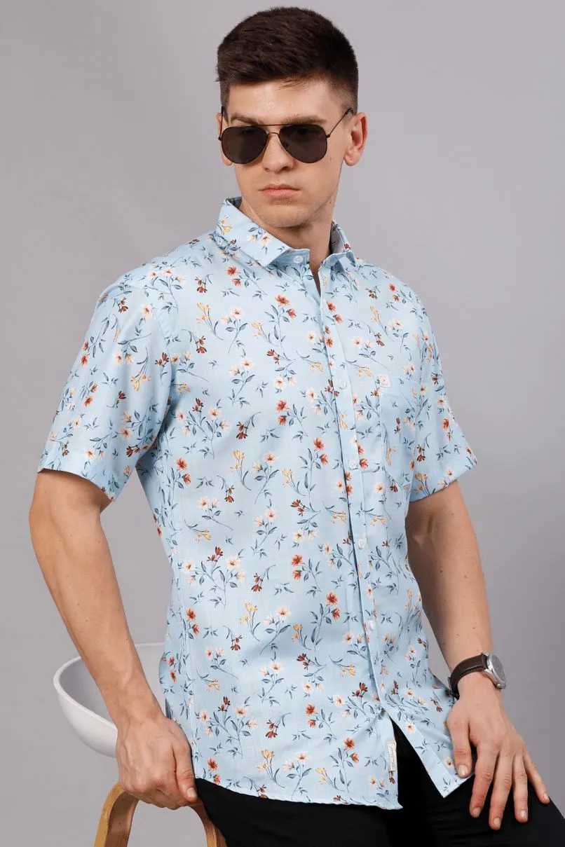 Blue Flower Print - Half Sleeve - Stain Proof