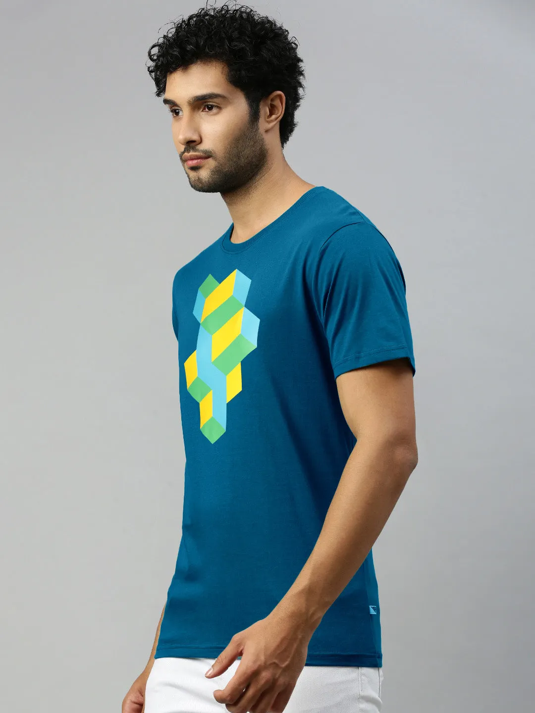 Blue Graphic Printed Round Neck Casual T-Shirt GT42