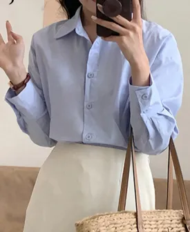 Blue Straight Loose Female Shirts Drop Sleeves Single Breasted Fashion Streetwear Solid Color Elegant Basic Women's Shirt