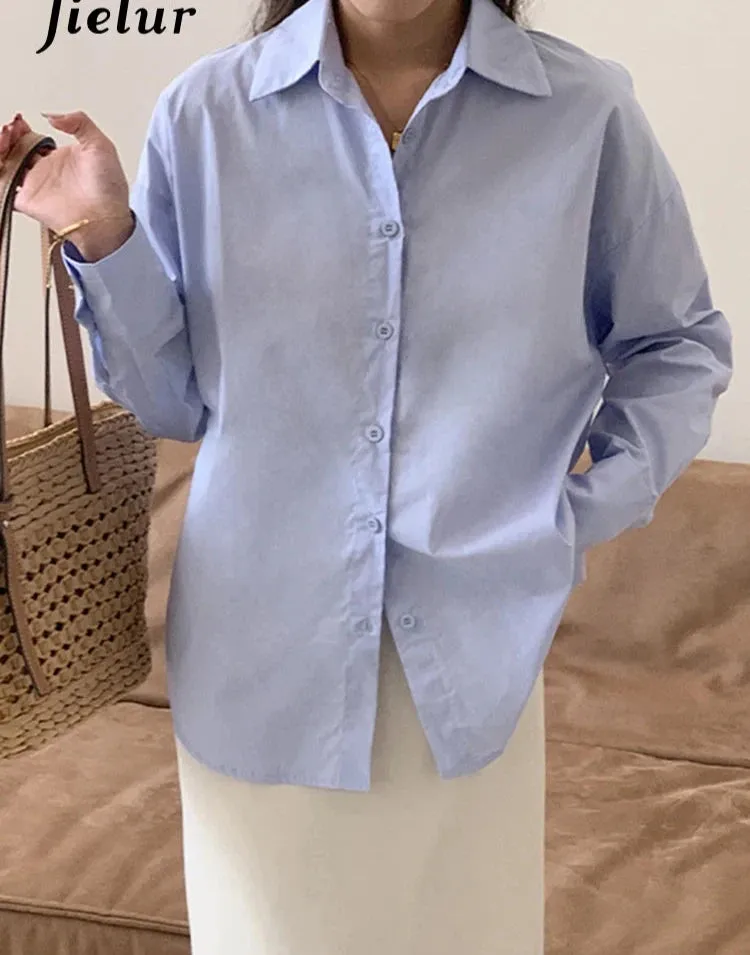 Blue Straight Loose Female Shirts Drop Sleeves Single Breasted Fashion Streetwear Solid Color Elegant Basic Women's Shirt