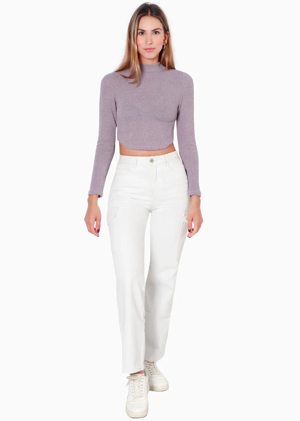 Blusa corta manga larga con cuello alto y efecto brillo - AMARIS