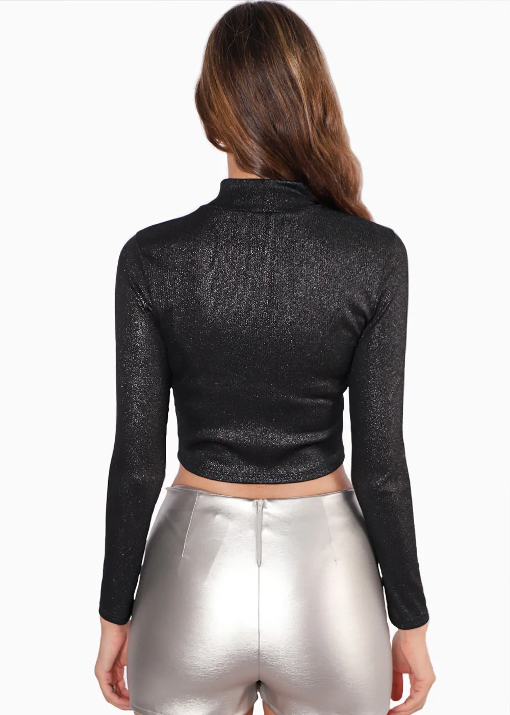 Blusa corta manga larga con cuello alto y efecto brillo - PURA