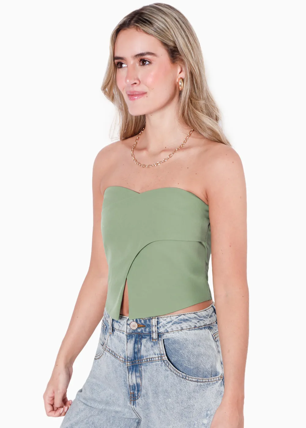 Blusa corta strapless con escote de corazón y cruce - CATARINA