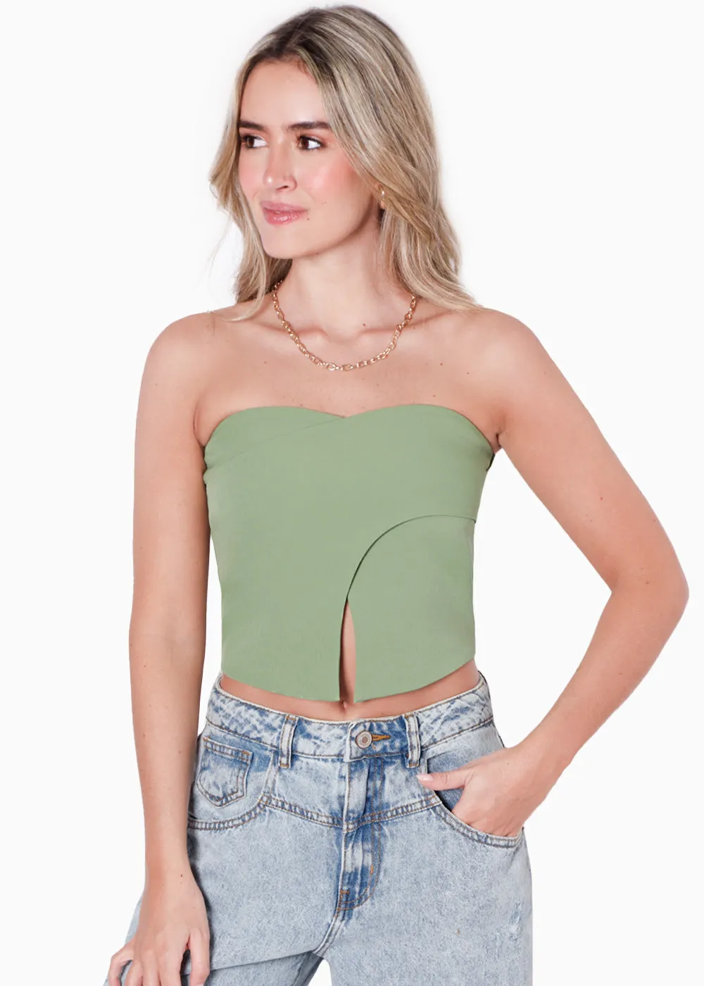 Blusa corta strapless con escote de corazón y cruce - CATARINA