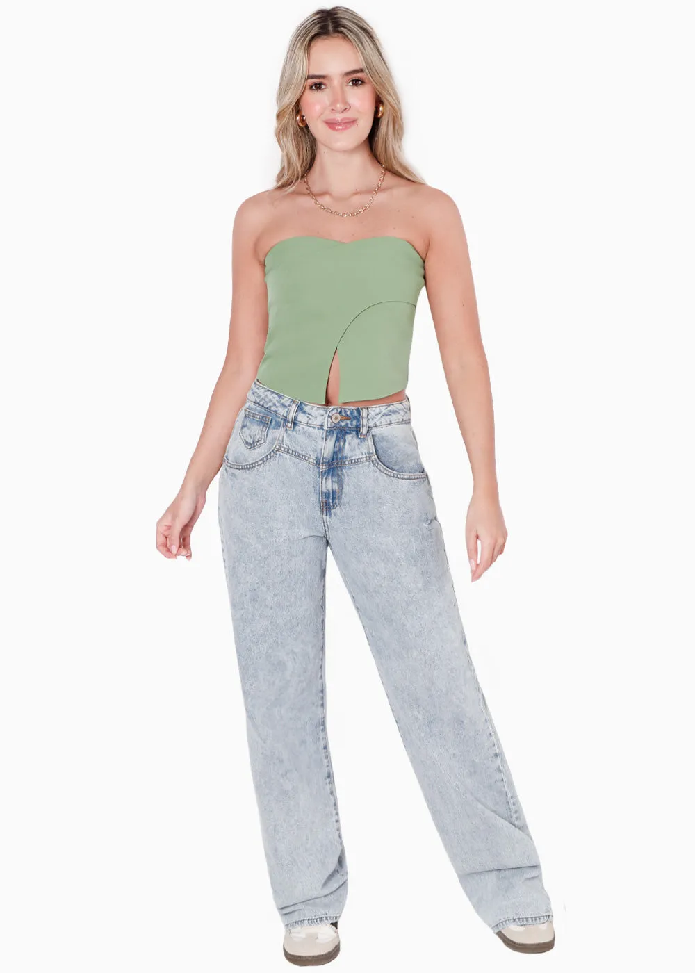 Blusa corta strapless con escote de corazón y cruce - CATARINA