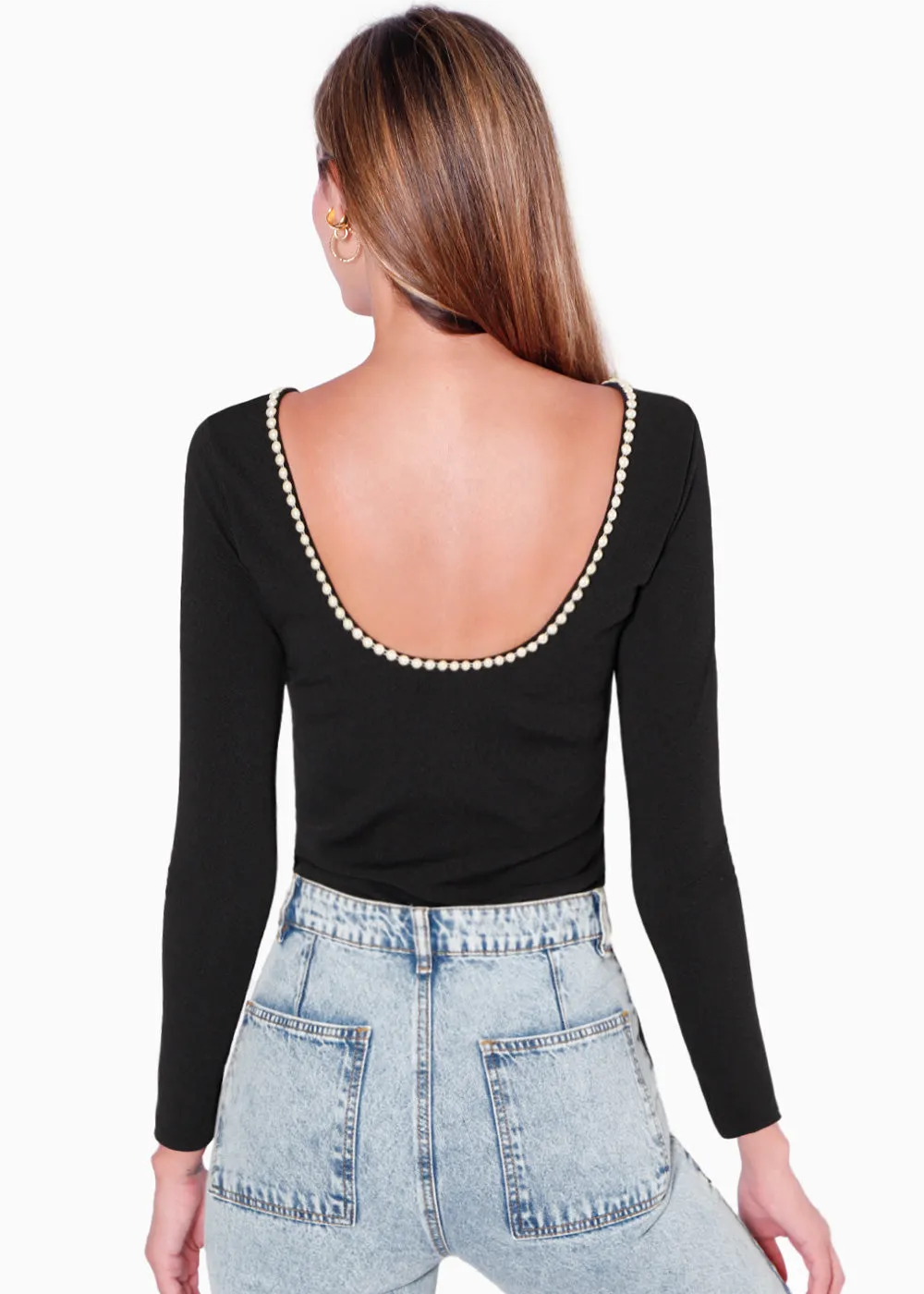 Blusa manga larga con aplique de perlas en espalda - ANIKA