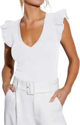 BONITEE Women Summer Ruffle Tops Sexy Deep V Neck Short Sleeve Shirts Trendy Casual Ribbed Slim Fitted Knit Tees Blouse