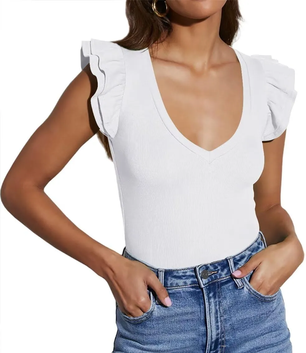 BONITEE Women Summer Ruffle Tops Sexy Deep V Neck Short Sleeve Shirts Trendy Casual Ribbed Slim Fitted Knit Tees Blouse